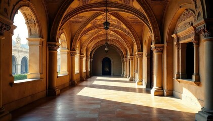Obraz premium Sunlit Barcelona monastery cloister, ornate details, cloister, benedictine