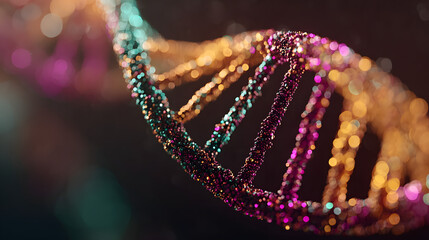 Detailed 3D render showcasing a vibrant, shimme DNA double helix structure with a sparkling, colorful texture against a dark, abstract background.