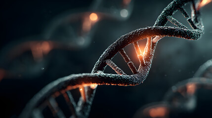 Abstract detailed rende shows a double helix DNA strand with glowing areas against dark textured background representing science, medicine, and genetics.