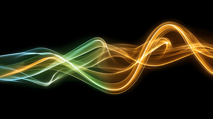 Abstract wavy lines of ethereal blue and golden light dance gracefully against a stark black background, creating a dynamic and captivating visual symphony of energy.