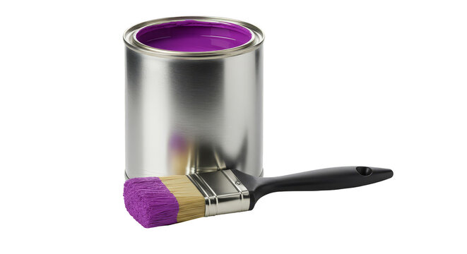 3D Isolated Rendering of Purple Paint Can with Brush on Transparent