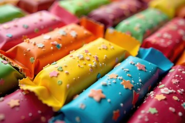 Variety of colorful candy bars, vibrant display , sugar, colorful display, colorful candy