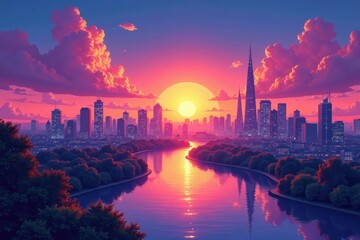 Naklejka premium Vibrant anime-style city skyline at sunset, perfect for backgrounds and illustrations , graphic, illustration, anime