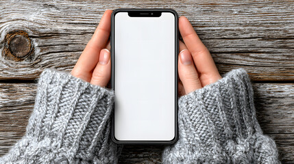 Person in cozy grey sweater holding blank screen smartphone on rustic wooden table shows potential for app interface or mobile technology connectivity.