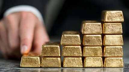 A businessman carefully arranges gold bars into a rising staircase formation, symbolizing investment growth and financial success in a blurred background scene.