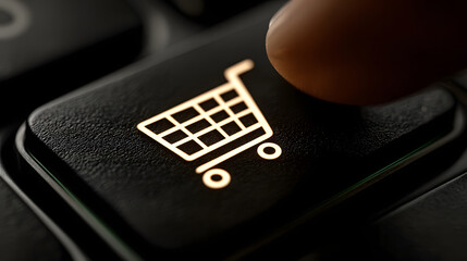 A finger presses the shopping cart icon on a black computer key, symbolizing online shopping and e-commerce transactions done through the internet today.