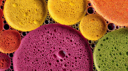 An artistic close up view of multi colored soap bubbles in various sizes and formations creates a beautiful vibrant abstract background for design applications.