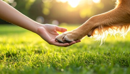 Human hand gently holding a dog's paw in park at sunset, symbol of friendship and trust