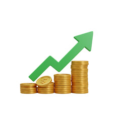 3D Render Of Coins Stack with Green Arrow Illustrates Financial Growth