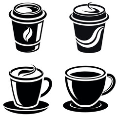 Four Black and White Coffee Cup Icons, Including Takeout and Mug Designs