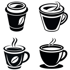 Black and White Coffee Icon Set Hot Beverages, Tea, and Latte Art Graphics