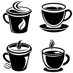 Black and White Coffee Mug Icons with Cream, Beans, Leaf, and Steam Illustrations