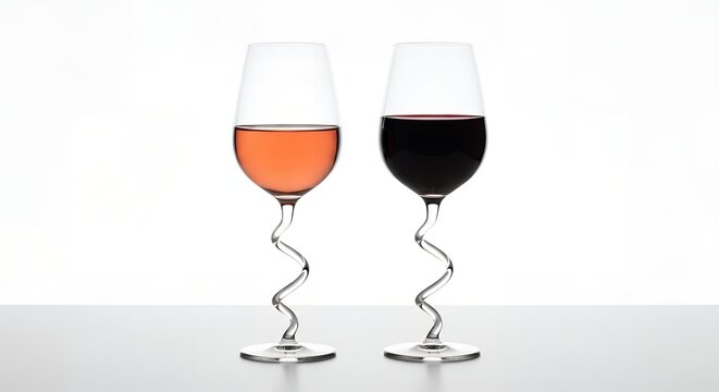 Two wine glasses with rose and red wine on a white background table