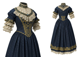 3D Rendering Elegant Blue Velvet Gown with Gold Lace on Transparent