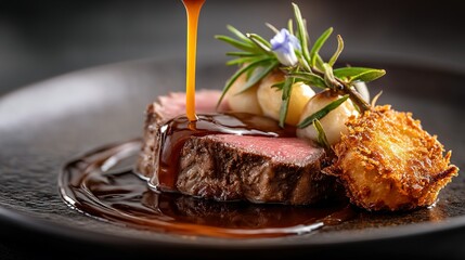 Gourmet steak with sauce pouring, paired with side dishes on a dark plate