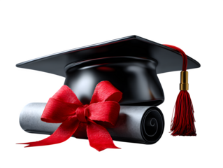 Graduation cap and rolled diploma tied with ribbon, clean studio look, isolated on transparent background --ar 4:3 --v 7.0 --p 537mr6h --s 250