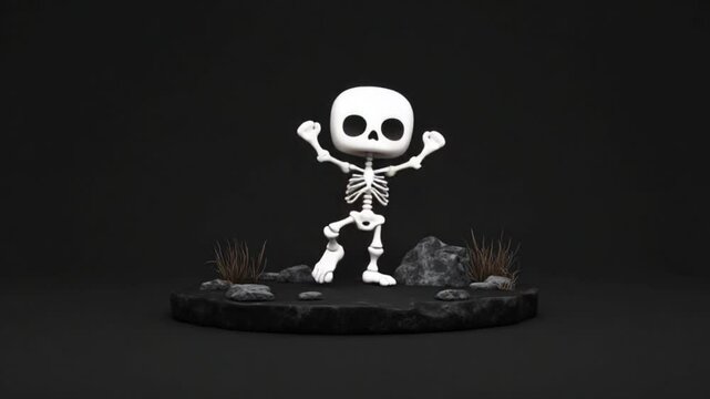 A playful cartoon skeleton posing confidently on a rocky platform against a dark background