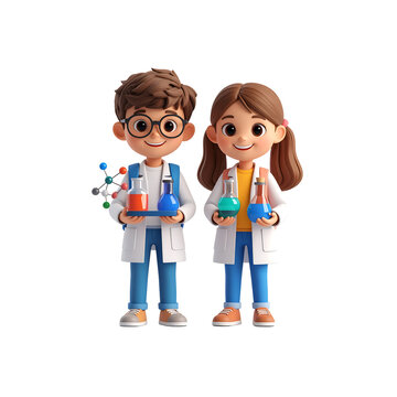 Adorable cartoon kids scientists studying chemistry on transparent background