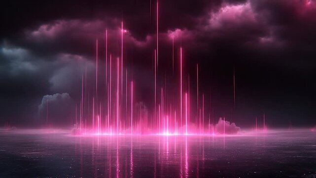 Pink Neon Lights Reflecting on Calm Waters Under a Dramatic Sky