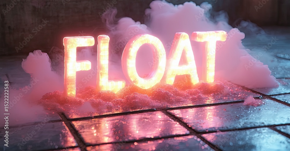 Poster illuminated float lettering rests upon wet tiles. pink smoke surrounds glowing capital letters, crea