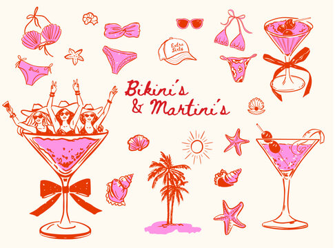 Set of whimsical Bachelorette Weekend illustrations, Hand drawn Bikinis and Martinis Hen party vector doodles, Martini Drink doodle icons for T-shirt, invitations and web icons