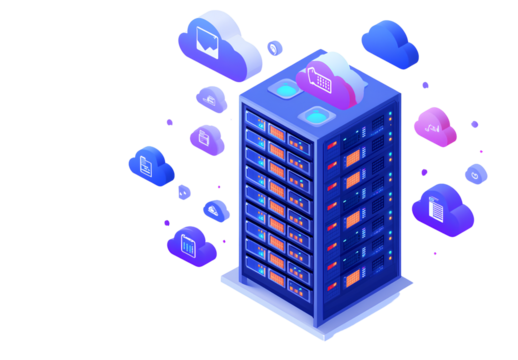  A simple vector graphic of a server rack with cloud icons around it, on a white background with a blue color scheme 
