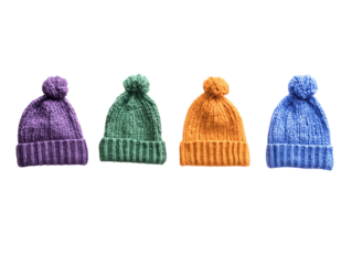 Colorful Knitted Beanies Arrayed: Four vividly colored, hand-knitted beanies, each topped with a playful pom-pom, form a cheerful and cozy array. A symbol of winter warmth, cozy comfort.