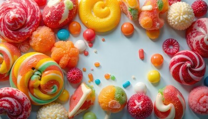 Fototapeta premium A colorful assortment of various candies, lollipops, and gummy sweets , truffles, delicious candy, yummy