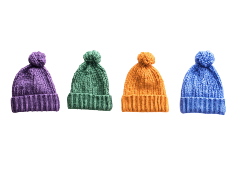 Colorful Knitted Beanies Arrayed: Four vividly colored, hand-knitted beanies, each topped with a playful pom-pom, form a cheerful and cozy array. A symbol of winter warmth, cozy comfort.