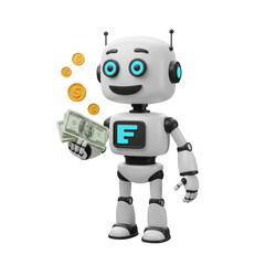 3d Robot Holding Dollar and Coins Symbolizing Future Economy Automation