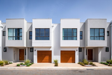 Modern White Townhouses with Large Windows and Wooden Garage Doors under Clear Blue Sky