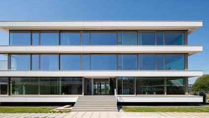 Modern Glass Facade Office Building with Reflective Windows and Clean Architectural Lines under Blue Sky