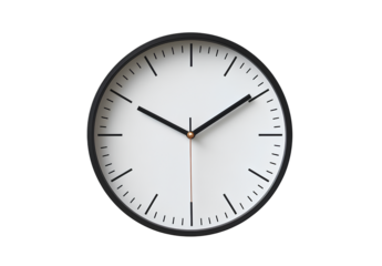  A simple wall clock with black numbers and hands, centered on a white background, with no shadows, no text or letters on the face of the clock 