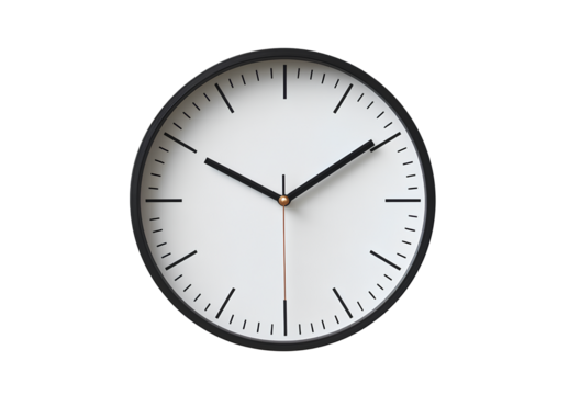  A simple wall clock with black numbers and hands, centered on a white background, with no shadows, no text or letters on the face of the clock 