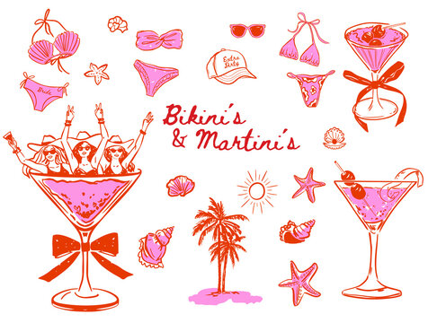 Set of whimsical Bachelorette Weekend illustrations, Hand drawn Bikinis and Martinis Hen party vector doodles, Martini Drink doodle icons for T-shirt, invitations and web icons