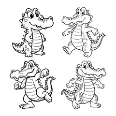 Collection of funny playful crocodile cartoon character outline illustration