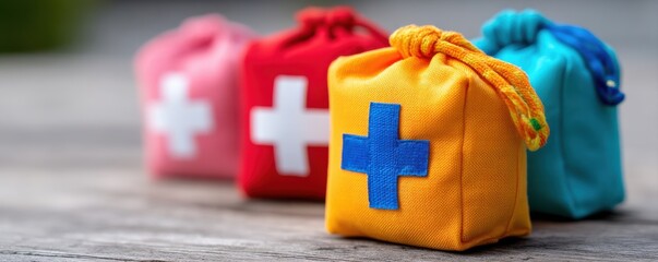Colorful first aid kits arranged on a wooden surface, emphasizing health and safety.