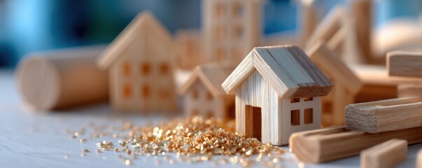 Miniature wooden houses surrounded by building materials and decorative elements on a light surface.