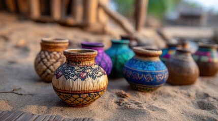 Colorful decorative pots arranged on sandy ground in a natural setting.