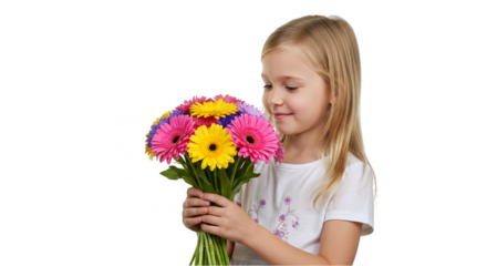 Blond Girl Smelling Colorful Gerbera Bouquet Isolated on Transparent Background