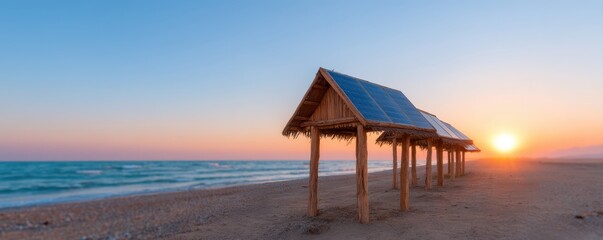Solar panels on beach huts at sunset, reflecting eco-friendly living.