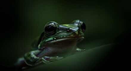 Obraz premium Frog stares intensely from leafy dark