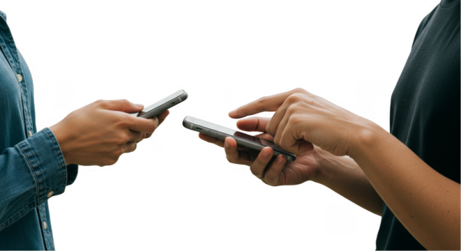 Conceptual Image of Two People Connecting Phones on Transparent Background