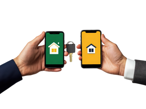 Smart Home Transition: A dynamic transaction unfolds as hands exchange a key and mobile phone, depicting smart home access, property transfer, and modern real estate transactions.