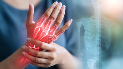 Middle aged woman holding painful joints suffering from chronic illness, arthritis or autoimmune disease. Healthcare, medical condition, patient pain and discomfort concept.