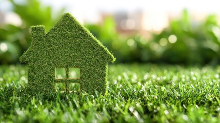 A green, grassy lawn with a small, green, grass-covered house model in the foreground.