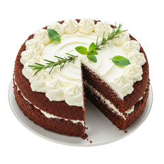 Delicious Chocolate Layer Cake with Cream and Rosemary on Transparent Background