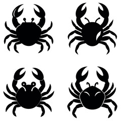 Four Black Crab Silhouette Illustrations on White Background Displaying Different Crab Variations and Poses