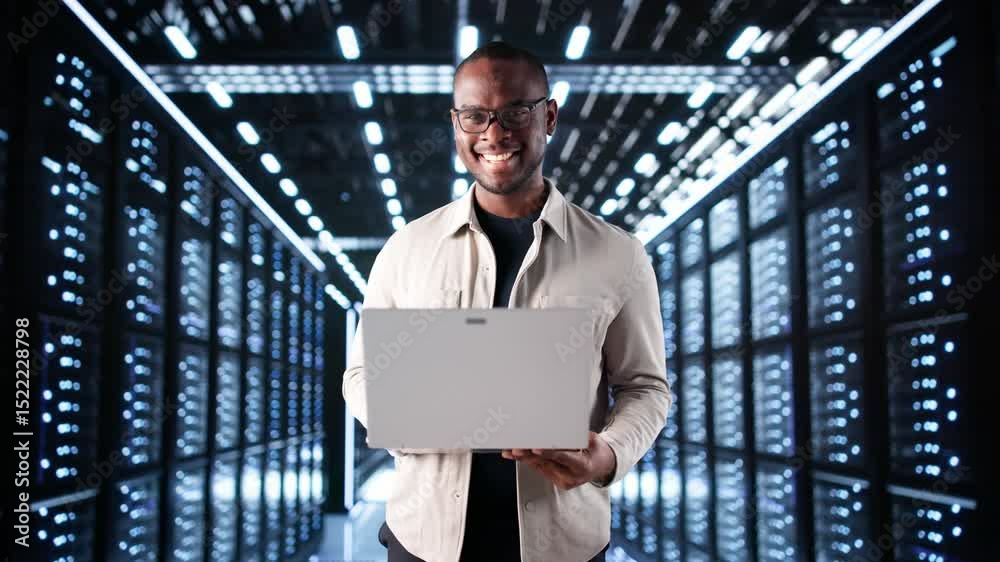 Aufkleber Happy Engineer In Data Center Server Room Configuring AI