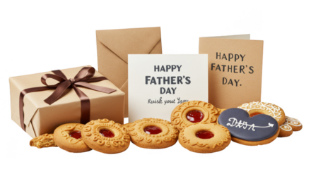 Fathers Day Illustration With Gift Cookies And Happy Greeting Card In Brown